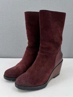 Sorel After Hours Redwood Suede Stacked Wedge Heel Boots Womens 7.5 NL2556-628